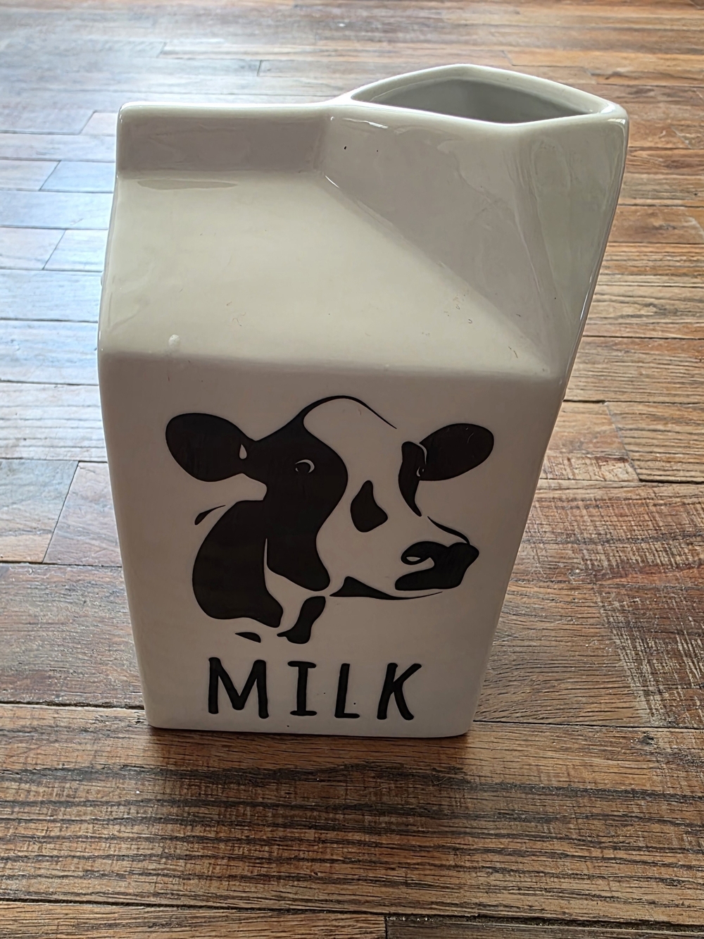 Hobby Lobby White Ceramic Milk Carton Vase with Black Cow Design